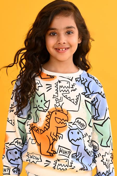 Buy_Anthrilo_White Fleece Dinosaur Graphic Print Set 