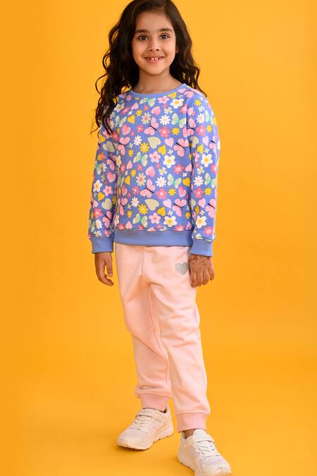 Shop Anthrilo Blue Fleece Rhinestones Butterfly Print Sweatshirt And Joggers Online at Aza Fashions Shop_Anthrilo_Blue Fleece Rhinestones Butterfly Print Sweatshirt And Joggers_Online_at_Aza_Fashions