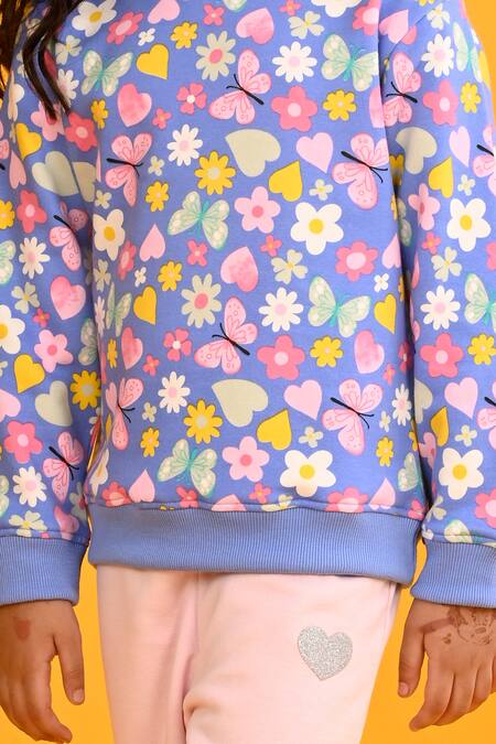 Buy Anthrilo Blue Fleece Rhinestones Butterfly Print Sweatshirt And Joggers Buy_Anthrilo_Blue Fleece Rhinestones Butterfly Print Sweatshirt And Joggers