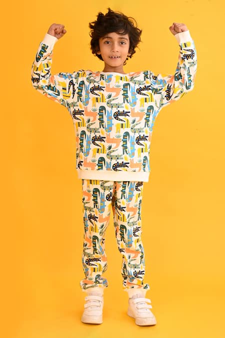 Anthrilo White Fleece Dinosaur Print Sweatshirt And Joggers Set Online at Aza Fashions Anthrilo_White Fleece Dinosaur Print Sweatshirt And Joggers Set_Online_at_Aza_Fashions