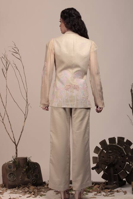Shop_Beejoliyo_Beige Suede Embroidered Thread Lapel Collar Floral Applique Blazer And Pant Set _at_Aza_Fashions
