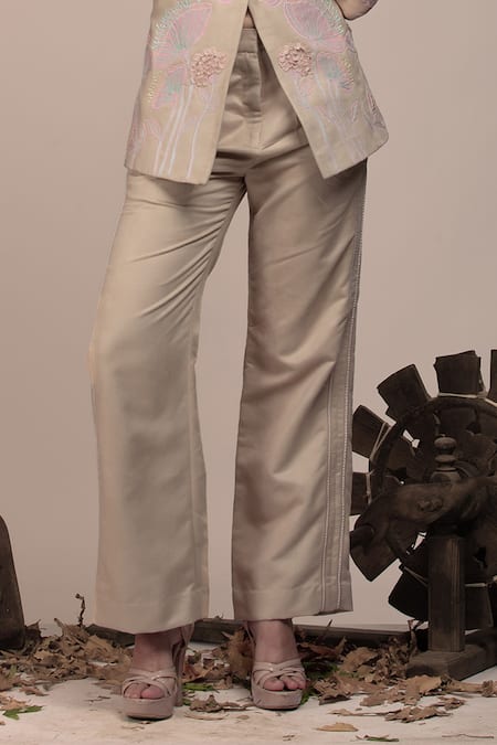 Buy_Beejoliyo_Beige Suede Embroidered Thread Lapel Collar Floral Applique Blazer And Pant Set _Online_at_Aza_Fashions