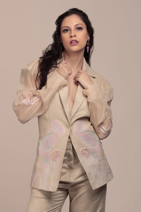 Shop_Beejoliyo_Beige Suede Embroidered Thread Lapel Collar Floral Applique Blazer And Pant Set _Online_at_Aza_Fashions