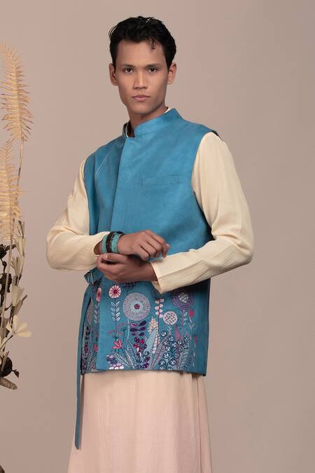 Beejoliyo_Blue Cotton Botanical Embroidery Nehru Jacket Set _Online_at_Aza_Fashions