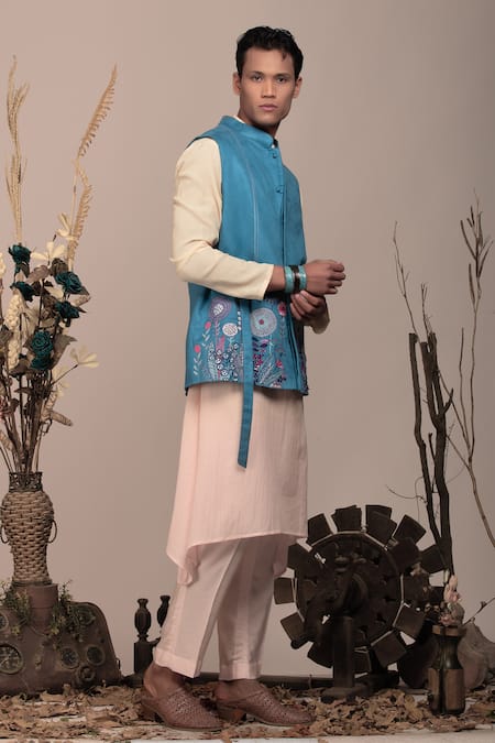 Buy_Beejoliyo_Blue Cotton Botanical Embroidery Nehru Jacket Set _Online_at_Aza_Fashions