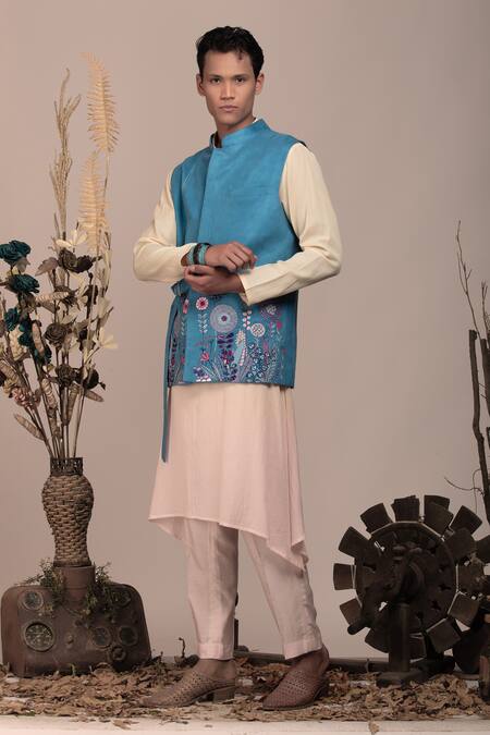 Shop_Beejoliyo_Blue Cotton Botanical Embroidery Nehru Jacket Set _Online_at_Aza_Fashions