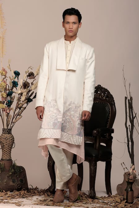 BEEJOLIYO Collared Suede Tree Embroidered Jacket With Kurta Set 