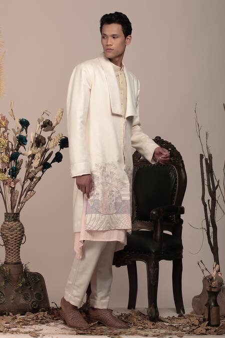 Buy_Beejoliyo_White Cotton Nature Inspired Embroidery Jacket And Kurta Set _Online_at_Aza_Fashions