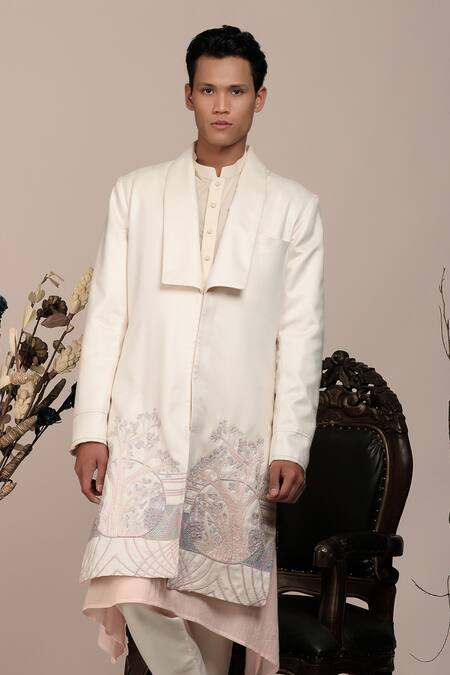 Shop_Beejoliyo_White Cotton Nature Inspired Embroidery Jacket And Kurta Set _Online_at_Aza_Fashions