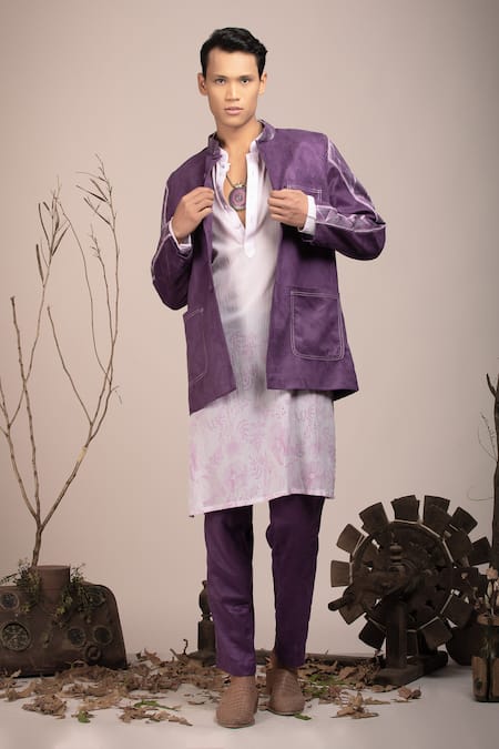 BEEJOLIYO Geometric Embroidered Button Up Suede Jacket Kurta Set 