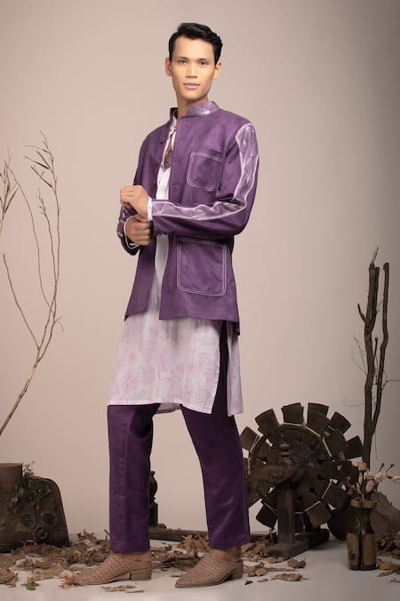 Beejoliyo_Purple Suede, Cotton Embroidery Geometric Jacket Kurta Set _Online_at_Aza_Fashions