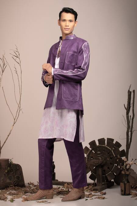 Buy_Beejoliyo_Purple Suede, Cotton Embroidery Geometric Jacket Kurta Set _Online_at_Aza_Fashions