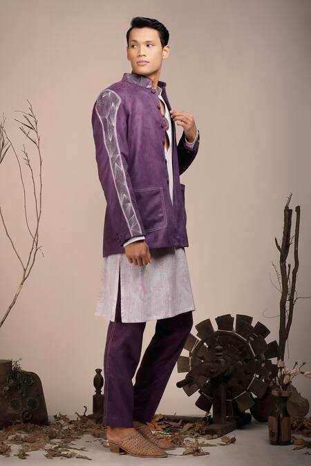 Beejoliyo_Purple Suede, Cotton Embroidery Geometric Jacket Kurta Set _at_Aza_Fashions