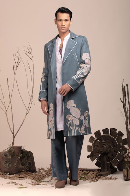 BEEJOLIYO Suede Floral Embroidered Nehru Jacket Kurta Set 