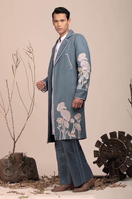 Beejoliyo_Gray Suede, Cotton Embroidery Floral Nehru Jacket Kurta Set _Online_at_Aza_Fashions