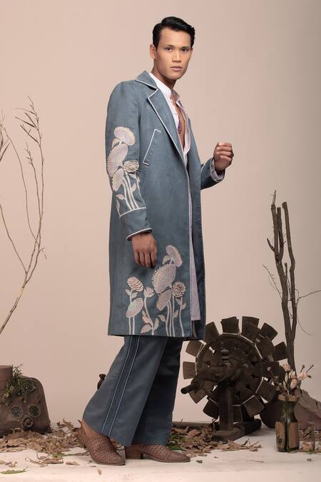 Buy_Beejoliyo_Gray Suede, Cotton Embroidery Floral Nehru Jacket Kurta Set _Online_at_Aza_Fashions