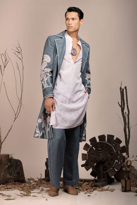 Shop_Beejoliyo_Gray Suede, Cotton Embroidery Floral Nehru Jacket Kurta Set _Online_at_Aza_Fashions