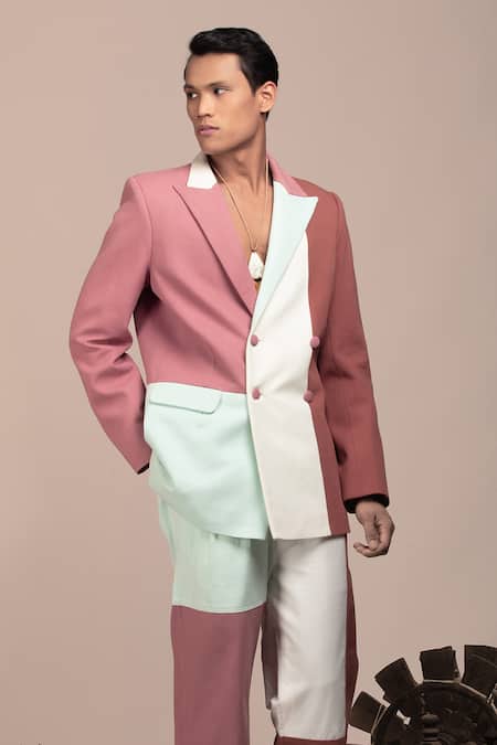 Beejoliyo_Multi Color Cotton Colorblock Double Breasted Blazer And Pant Set _Online_at_Aza_Fashions