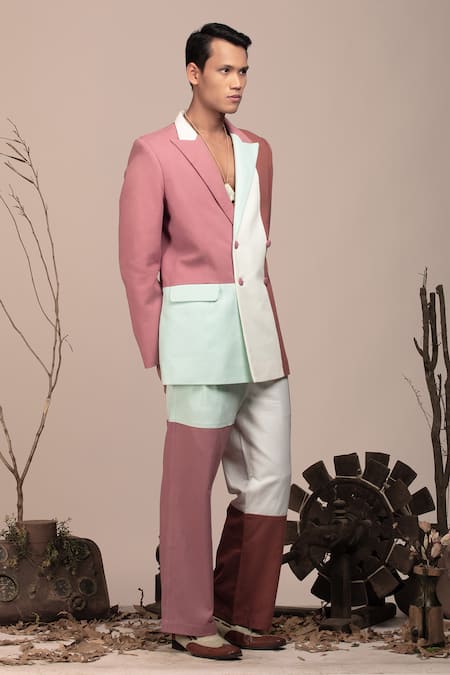 Buy_Beejoliyo_Multi Color Cotton Colorblock Double Breasted Blazer And Pant Set _Online_at_Aza_Fashions