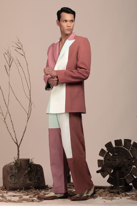 Shop_Beejoliyo_Multi Color Cotton Colorblock Double Breasted Blazer And Pant Set _Online_at_Aza_Fashions