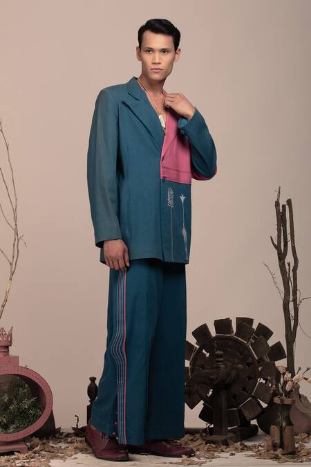 Beejoliyo_Multi Color Cotton Safari Embroidery Colorblock Blazer And Pant Set _Online_at_Aza_Fashions