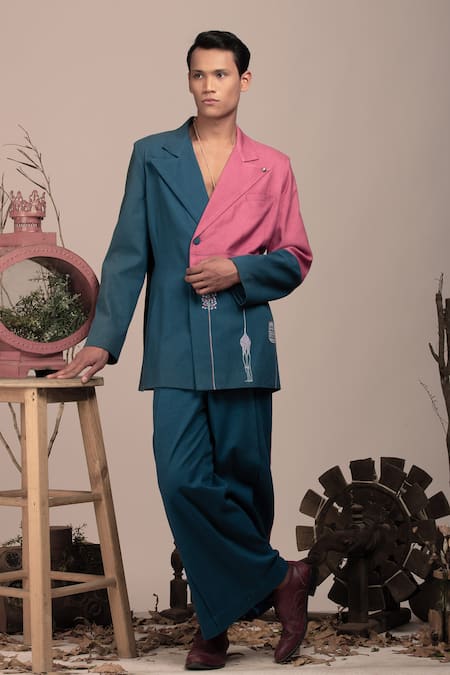 Shop_Beejoliyo_Multi Color Cotton Safari Embroidery Colorblock Blazer And Pant Set _Online_at_Aza_Fashions