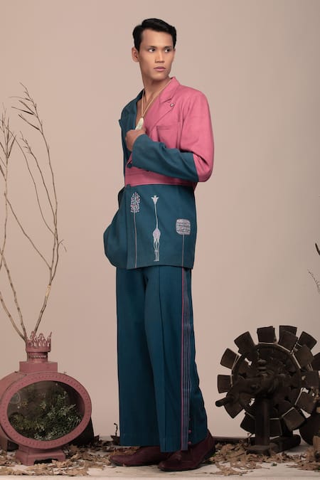 Beejoliyo_Multi Color Cotton Safari Embroidery Colorblock Blazer And Pant Set _at_Aza_Fashions