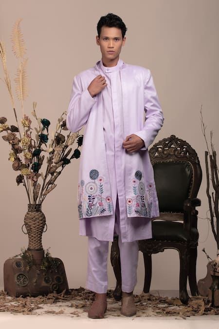 BEEJOLIYO Botanical Motif Embroidered Long Suede Jacket Kurta Set 