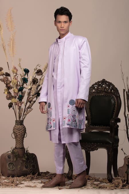 Beejoliyo_Purple Suede, Cotton Embroidery Botanical Long Jacket Set _Online_at_Aza_Fashions