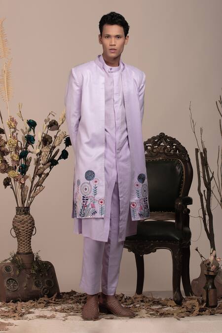 Buy_Beejoliyo_Purple Suede, Cotton Embroidery Botanical Long Jacket Set _Online_at_Aza_Fashions