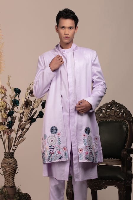 Shop_Beejoliyo_Purple Suede, Cotton Embroidery Botanical Long Jacket Set _Online_at_Aza_Fashions