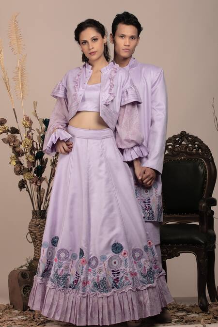 Beejoliyo_Purple Suede, Cotton Embroidery Botanical Long Jacket Set _at_Aza_Fashions