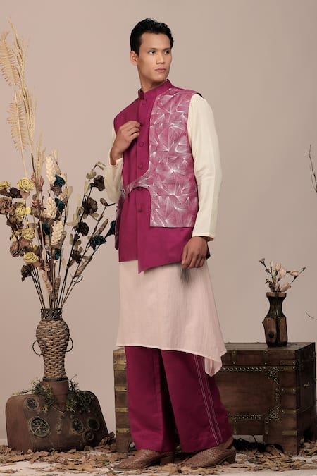 BEEJOLIYO Asymmetric Belted Suede Nehru Jacket With Kurta Set 