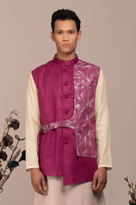 Beejoliyo_Purple Suede Geometric Embroidered Asymmetric Belted Nehru Jacket Set _Online_at_Aza_Fashions