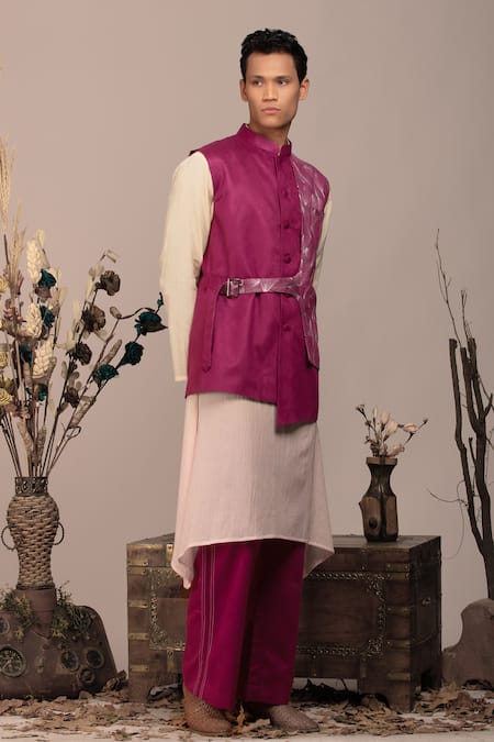 Buy_Beejoliyo_Purple Suede Geometric Embroidered Asymmetric Belted Nehru Jacket Set _Online_at_Aza_Fashions