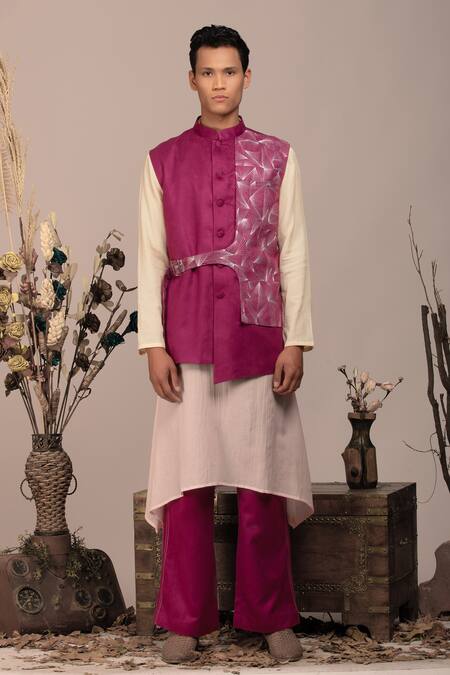 Shop_Beejoliyo_Purple Suede Geometric Embroidered Asymmetric Belted Nehru Jacket Set _Online_at_Aza_Fashions