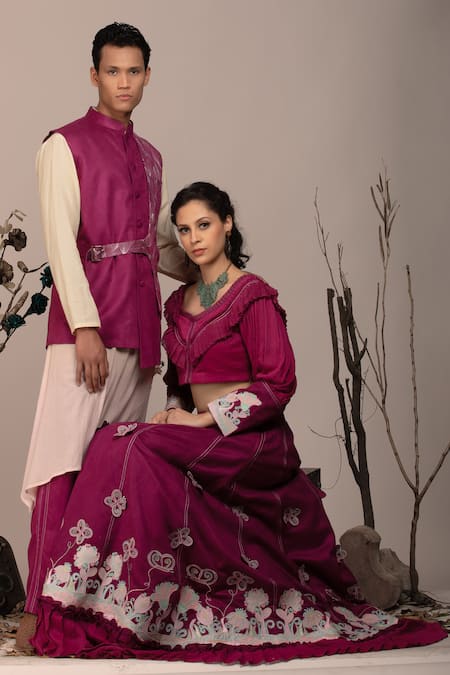 Beejoliyo_Purple Suede Geometric Embroidered Asymmetric Belted Nehru Jacket Set _at_Aza_Fashions