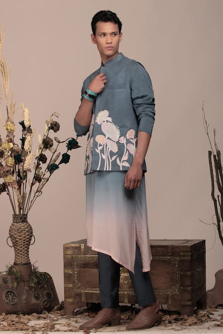 BEEJOLIYO Suede Floral Embroidered Nehru Jacket Kurta Set 