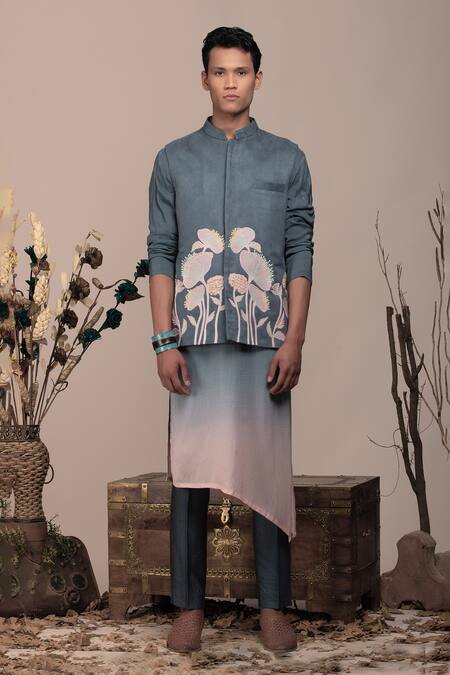 Buy_Beejoliyo_Gray Suede Floral Embroidered Nehru Jacket Kurta Set _Online_at_Aza_Fashions