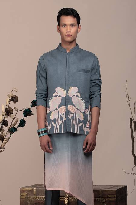 Beejoliyo_Gray Suede Floral Embroidered Nehru Jacket Kurta Set _at_Aza_Fashions