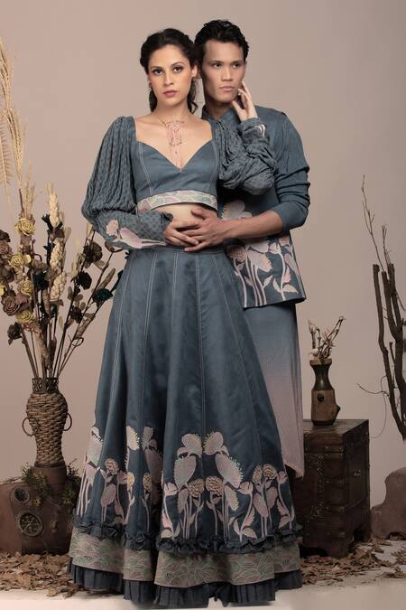 Buy_Beejoliyo_Gray Suede Floral Embroidered Nehru Jacket Kurta Set 