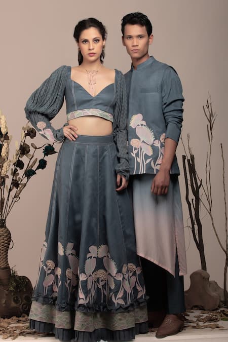 Shop_Beejoliyo_Gray Suede Floral Embroidered Nehru Jacket Kurta Set 