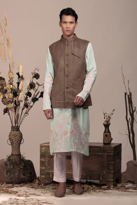 BEEJOLIYO Patterned Suede Nehru Jacket With Emroidered Kurta Set 