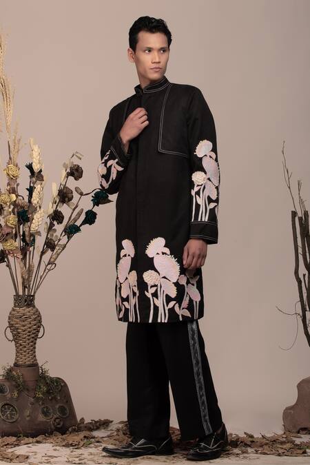 Beejoliyo_Black Cotton, Suede Embroidery Floral Jacket And Pant _Online_at_Aza_Fashions