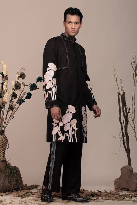 Buy_Beejoliyo_Black Cotton, Suede Embroidery Floral Jacket And Pant _Online_at_Aza_Fashions