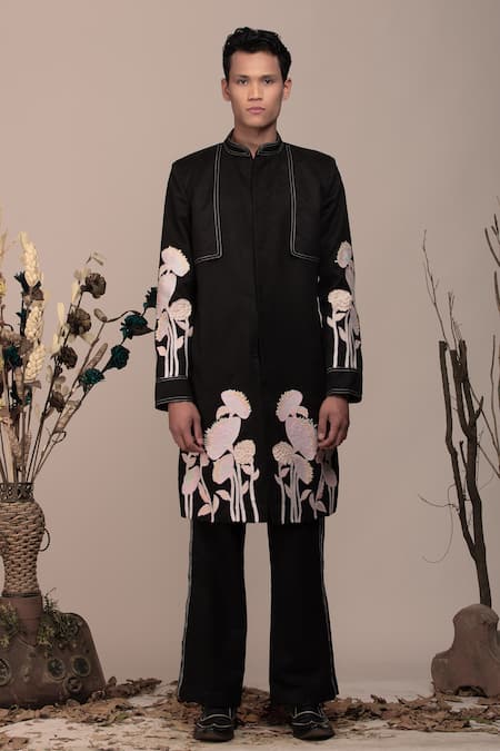 Shop_Beejoliyo_Black Cotton, Suede Embroidery Floral Jacket And Pant _Online_at_Aza_Fashions
