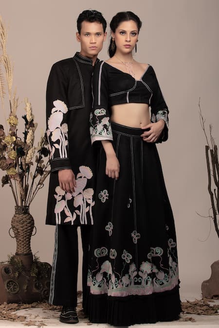 Beejoliyo_Black Cotton, Suede Embroidery Floral Jacket And Pant _at_Aza_Fashions