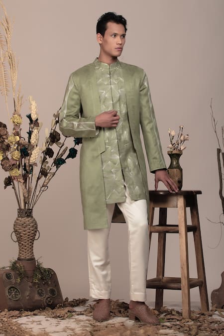 BEEJOLIYO Geometric Embroidered Suede Long Jacket With Kurta Pant Set 