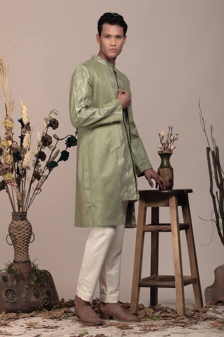 Beejoliyo_Green Cotton, Suede Embroidery Geometric Long Jacket And Pant Set _Online_at_Aza_Fashions