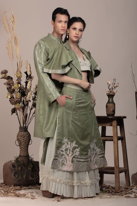 Shop_Beejoliyo_Green Cotton, Suede Embroidery Geometric Long Jacket And Pant Set _Online_at_Aza_Fashions